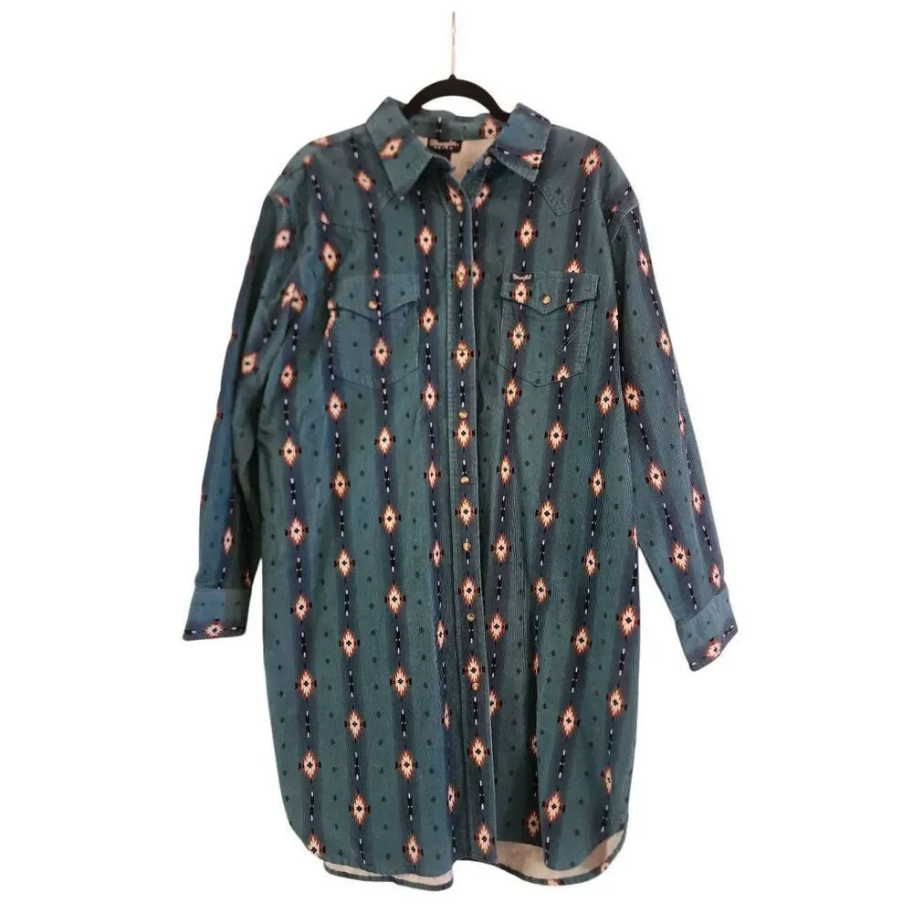 Wrangler NWT retro blue teal checotah corduroy dress size Large - Picture 3 of 9